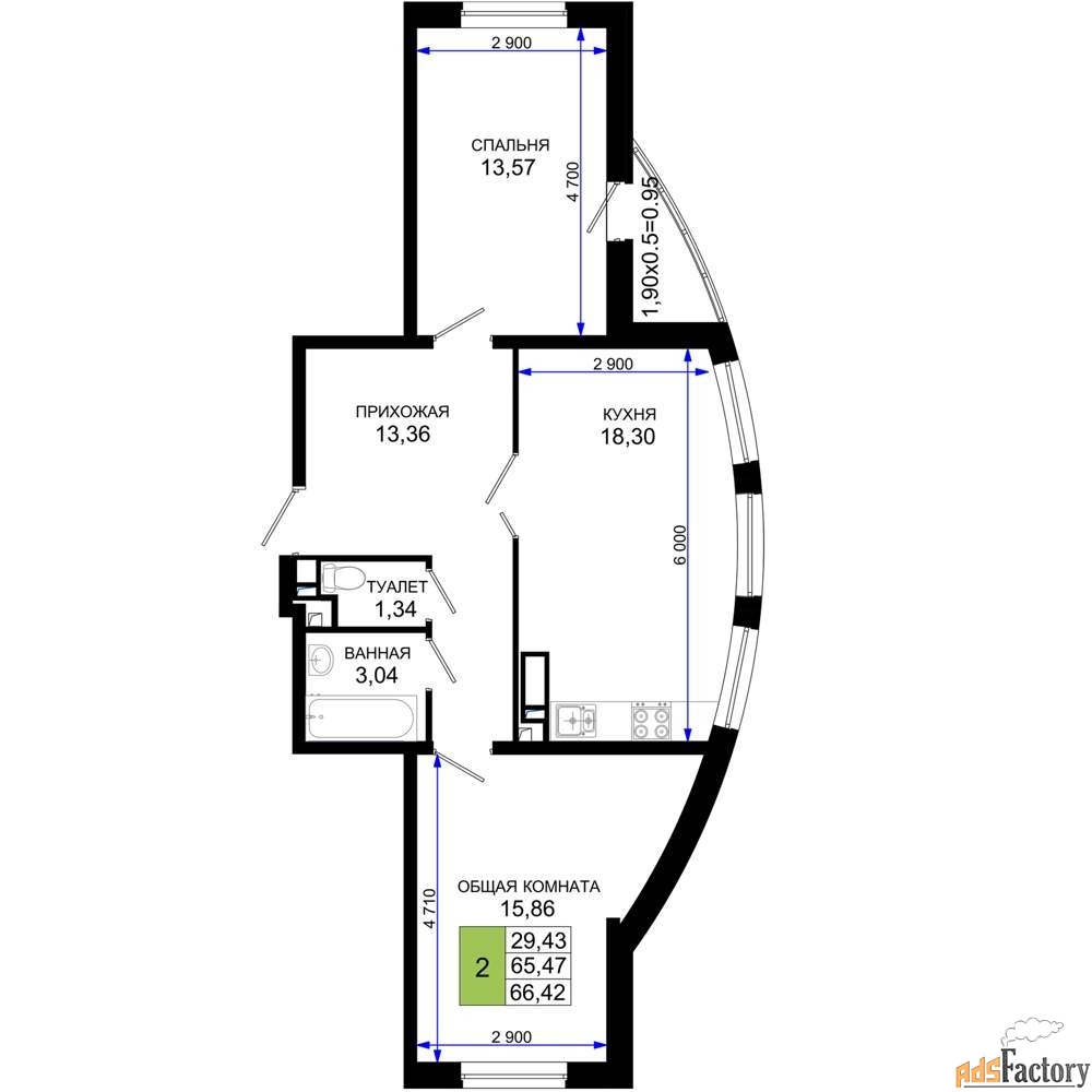 2 - комн. квартира, 66.42 м², 2/19 эт.