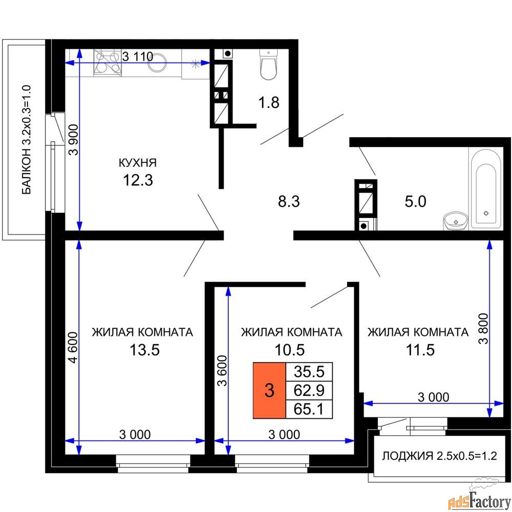 3 - комн. квартира, 66.11 м², 11/16 эт.