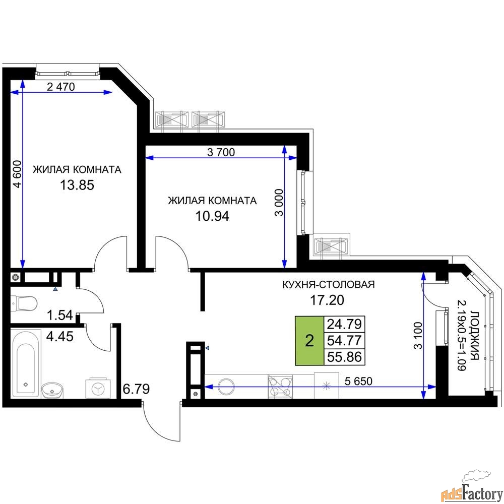 2 - комн. квартира, 55.86 м², 10/18 эт.