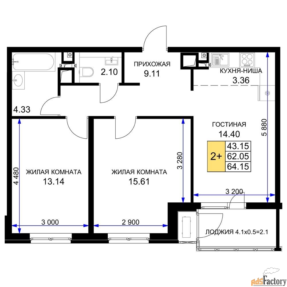 2 - комн. квартира, 64.7 м², 6/16 эт.