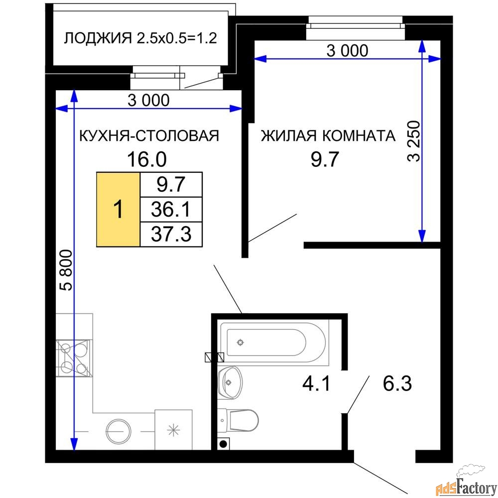 1 - комн. квартира, 37.75 м², 2/16 эт.