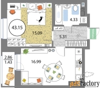 1 - комн.  квартира, 43.15 м², 7/12 эт.