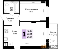 1 - комн.  квартира, 45.23 м², 4/4 эт.