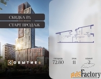 2 - комн.  квартира, 72.8 м², 11/28 эт.
