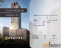 2 - комн.  квартира, 70.8 м², 2/10 эт.