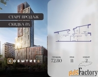 2 - комн.  квартира, 72.8 м², 11/28 эт.