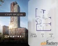 2 - комн.  квартира, 75.4 м², 3/28 эт.
